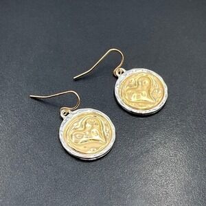 Two tone Heart Coin Dangle Drop Earrings